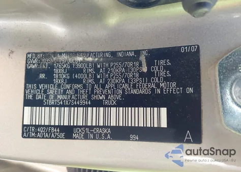 2007 Toyota Tundra Sr5 4.7L V8 z USA, uszkodzony, nr VIN 5TBRT541X7S449944
